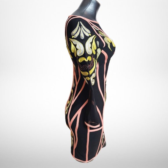 STUNNING HERVE LEGER FIT-AND-FLARE DRESS IN BUTTERFLY & PAISLEY JACQUARD - Picture 11 of 16